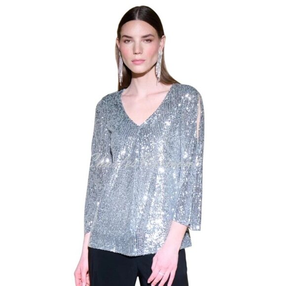 Joseph Ribkoff Sequin V Neck Top Silver Womens Size 8 Split Sleeves Party Formal